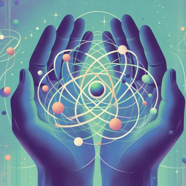 Illustration of hands cradling a depiction of quantum entanglement (in physics).