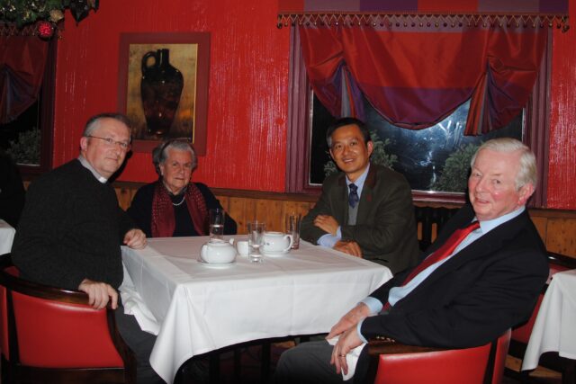 Figure 10. Celebrating the author’s conversion to Christ. From left to right: Revd Peter Hayler, Thirza Hope, John Z. Shi, and Christopher McDougall (1936-2017). Chinese restaurant, Cambridgeshire, England, 26 November 2012.