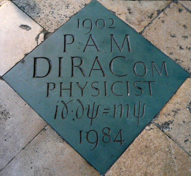 Figure 9. Dirac’s equation is engraved on his memorial slab in the Westminster Abbey. Source: https://tinyurl.com/23t9v4cy (accessed 12 March 2024).